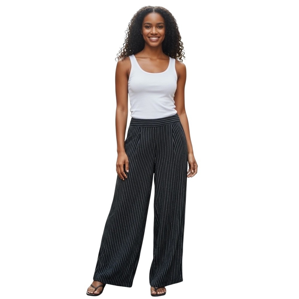 Marla Wynne 100% Linen Wide Leg Pants. Black with thin white stripes.SZ 2. NWT